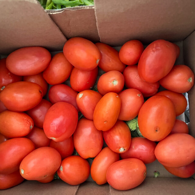 Tomatoes in a box on a table.