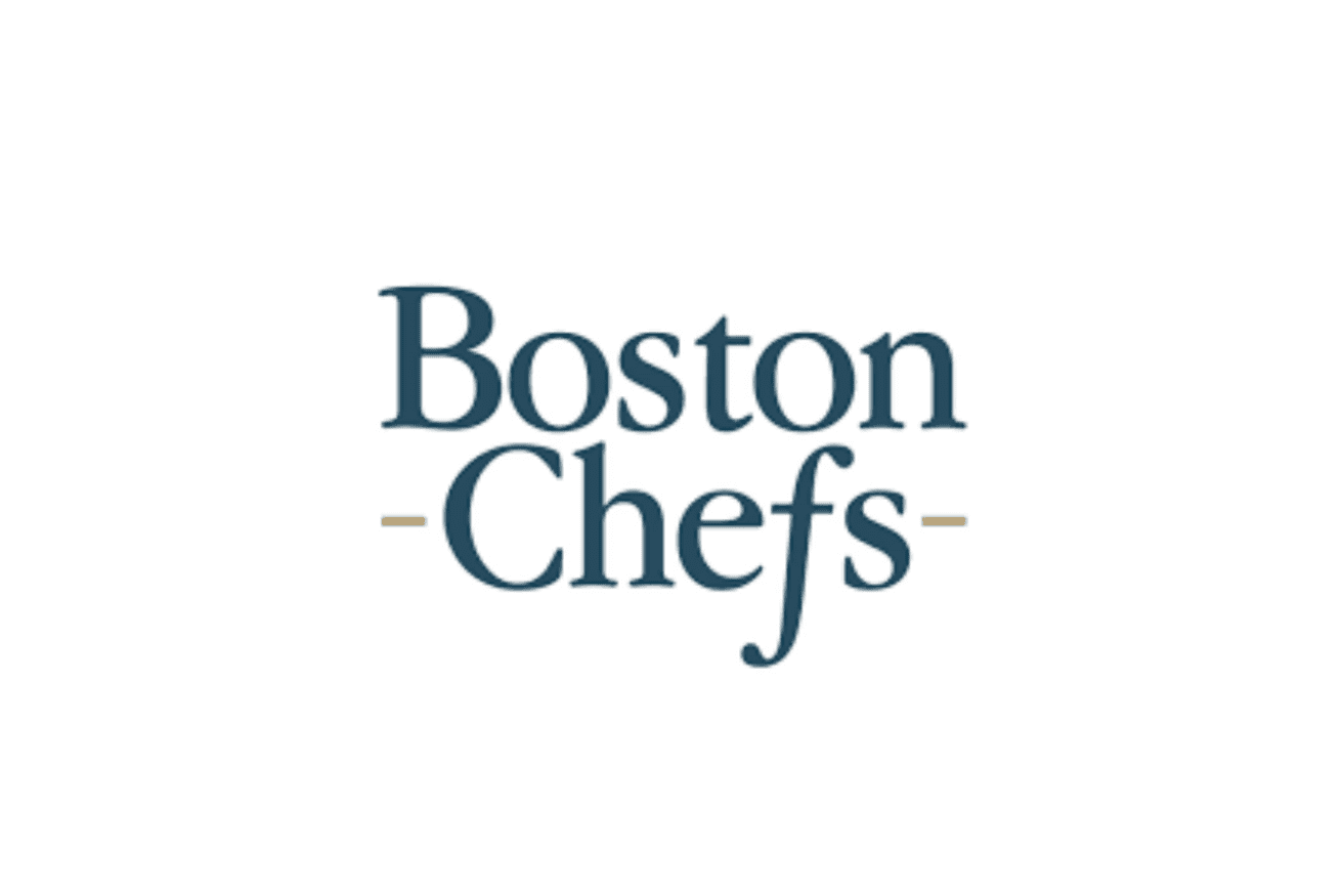 Boston Chefs" logo in dark blue text on a white background, with small gold dashes on either side of "Chefs.