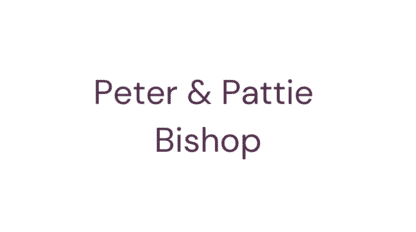 Text displaying "Peter & Pattie Bishop" in a purple font on a white background.