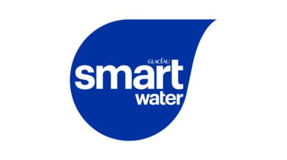 Smartwater logo in white text on a blue water drop shape background.