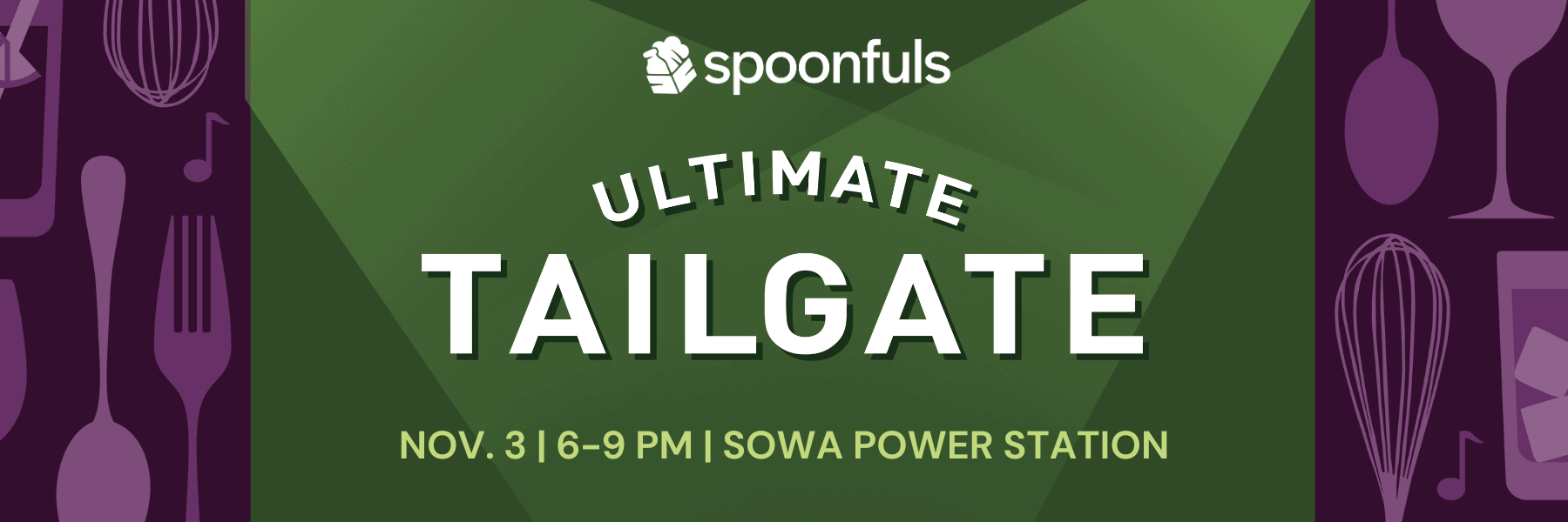 Banner advertising Spoonfuls Ultimate Tailgate event on November 3, 6-9 PM at SoWa Power Station.