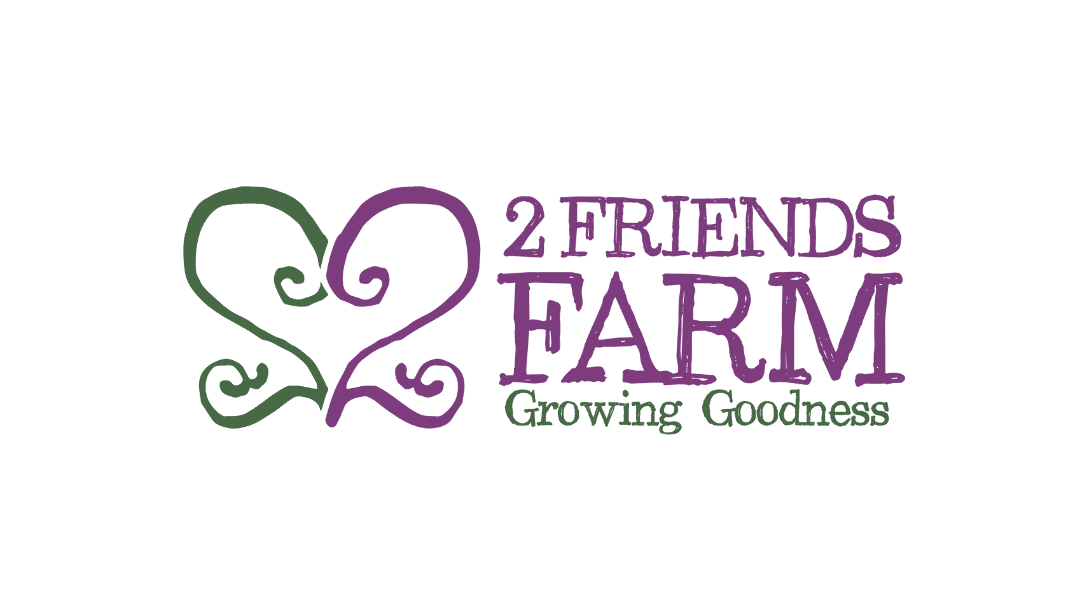 Logo for "2 Friends Farm" featuring a green heart-shaped design, with the text "2 Friends Farm" in purple and "Growing Goodness" in green below—highlighting their role as Food Donors.