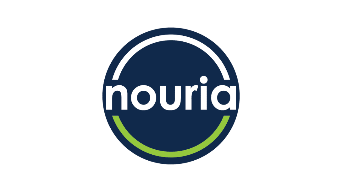 A circular logo with a dark blue background, the word "nouria" in white lowercase letters, a partial green arc at the bottom, and a subtle nod to Food Donors in its welcoming design.