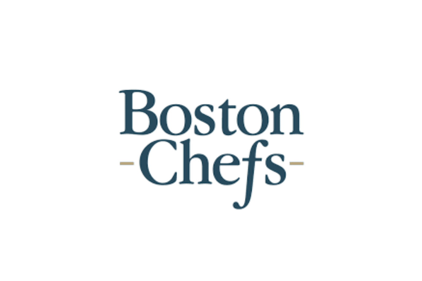 The image displays the "Boston Chefs" logo in blue serif font with gold dashes on either side of the word "Chefs," set against a white background.