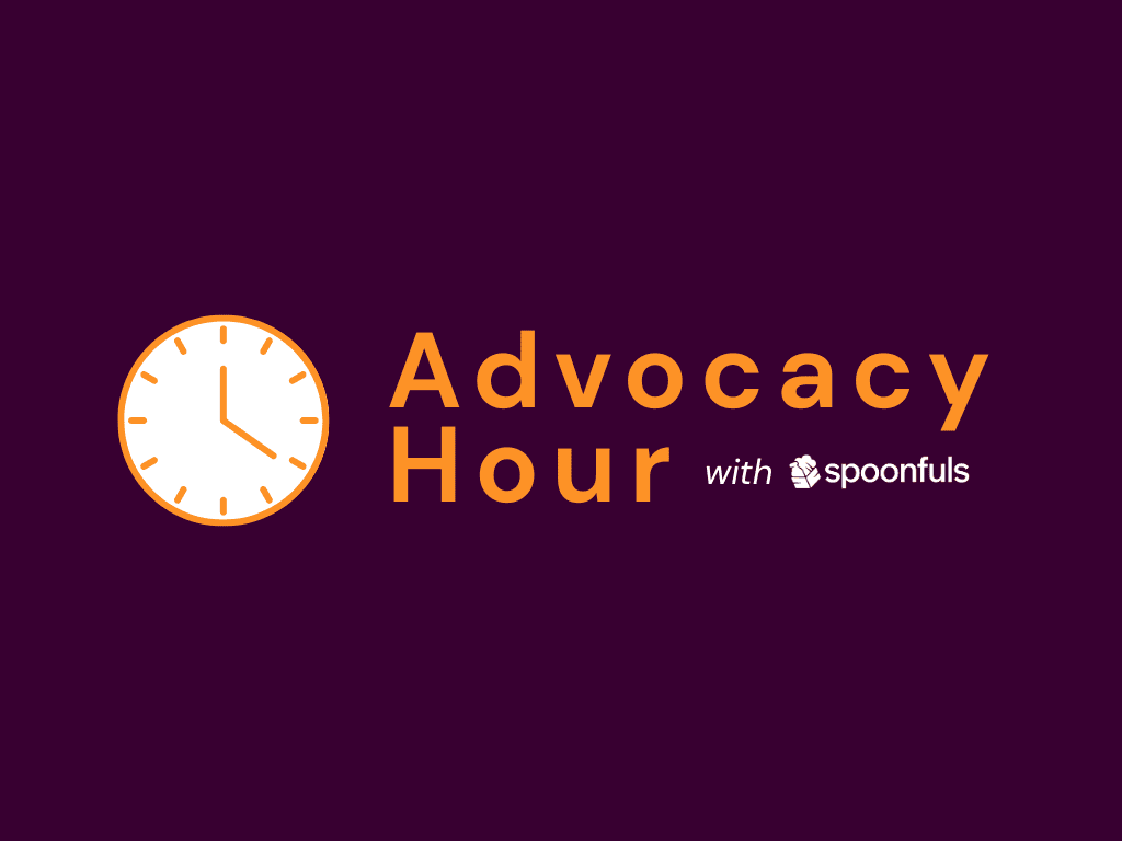 A clock icon appears next to the text "Advocacy Hour with spoonfuls," highlighting upcoming events on a dark purple background.