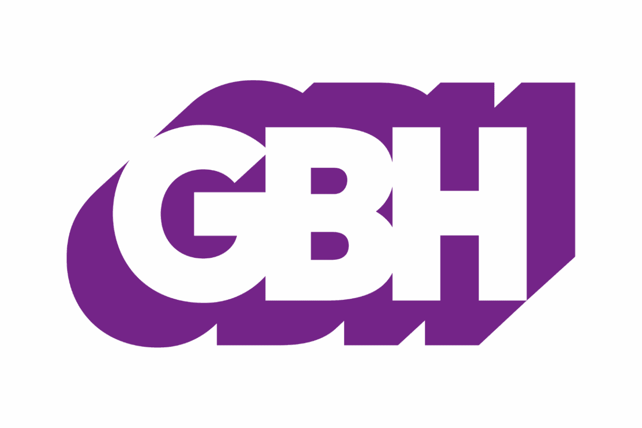 The image shows the bold, purple GBH logo in a stylized, block font on a white background.