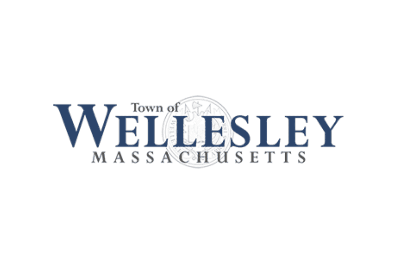 Logo for the Town of Wellesley, Massachusetts, with the town name in large blue letters and a faint town seal in the background.