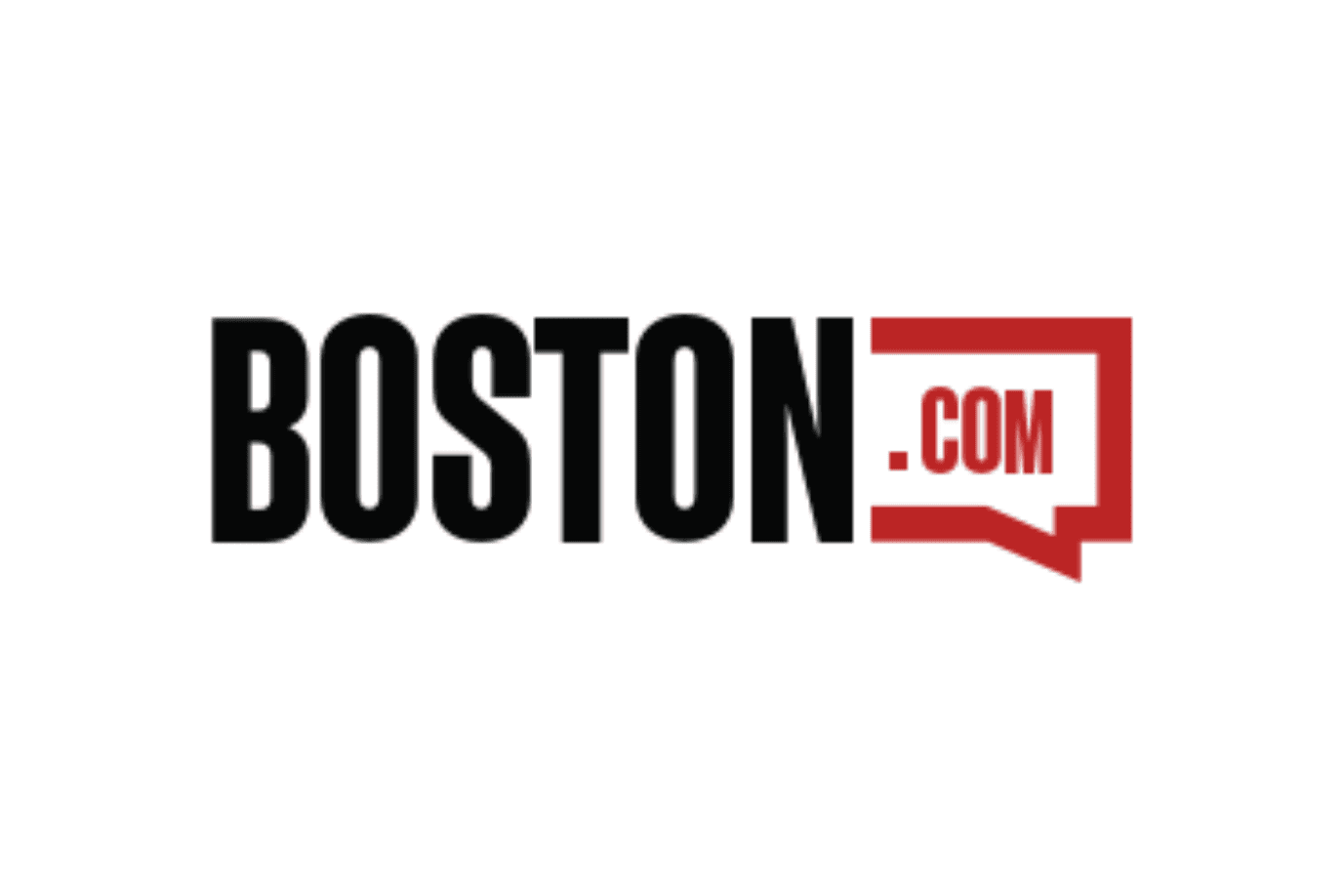 Boston.com logo with "BOSTON" in bold black letters and ".COM" in red inside a speech bubble outline on a white background.