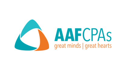 AAFCPAs logo with a teal and orange triangular icon, the text “AAFCPAs,” and the tagline “great minds | great hearts” in orange—perfect for representing your Ultimate Tailgate event with style.