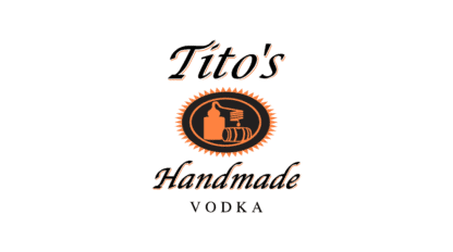 Logo for Tito’s Handmade Vodka featuring stylized text and an orange and black emblem with a bottle, still, barrel—perfect for the Ultimate Tailgate experience.