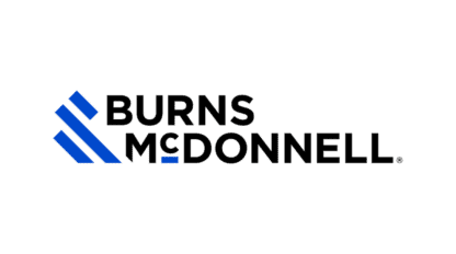Burns & McDonnell logo with blue geometric lines forming a stylized “B” to the left of the company name, inspired by the excitement of the Ultimate Tailgate, on a white background.